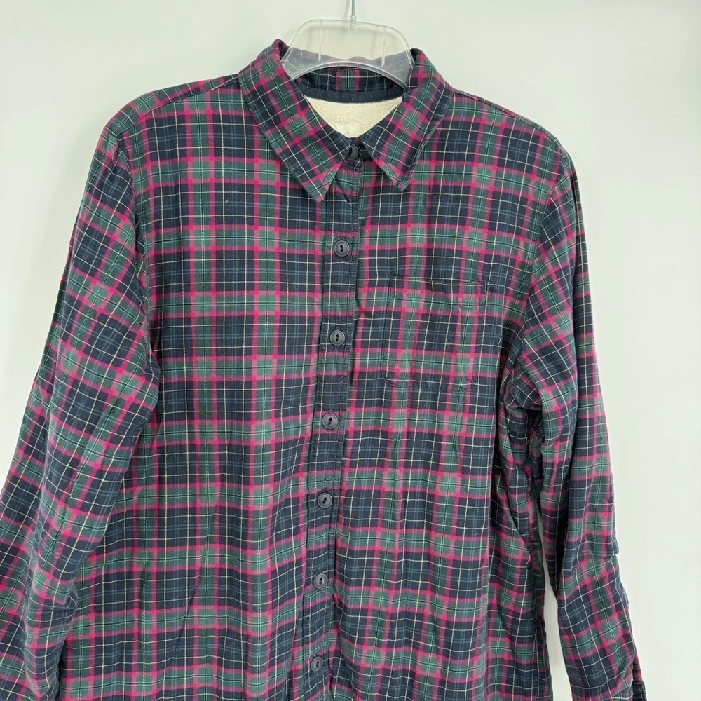 LL Bean Shirt Jacket Womens Size M Fleece Lined Flannel Plaid Button Up Blue Red - Picture 4 of 10